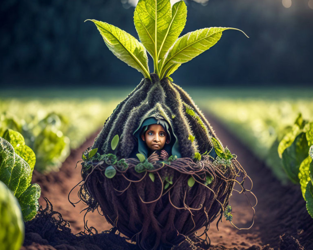 Person peeking from giant root-covered vegetable in sunny field