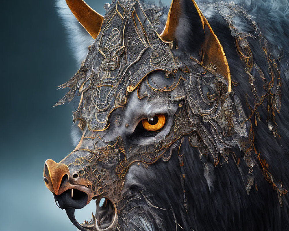 Detailed digital artwork: Wolf's head in golden armored helmet