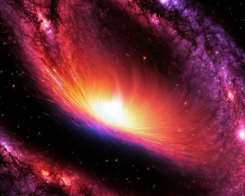 Colorful cosmic scene with bright core and orange bands on purple backdrop