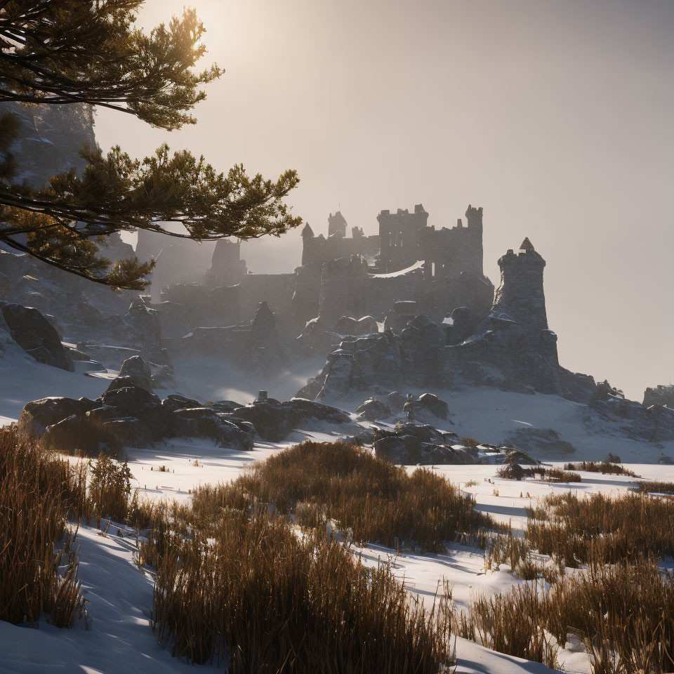 Snowy Castle Silhouette in Winter Scene
