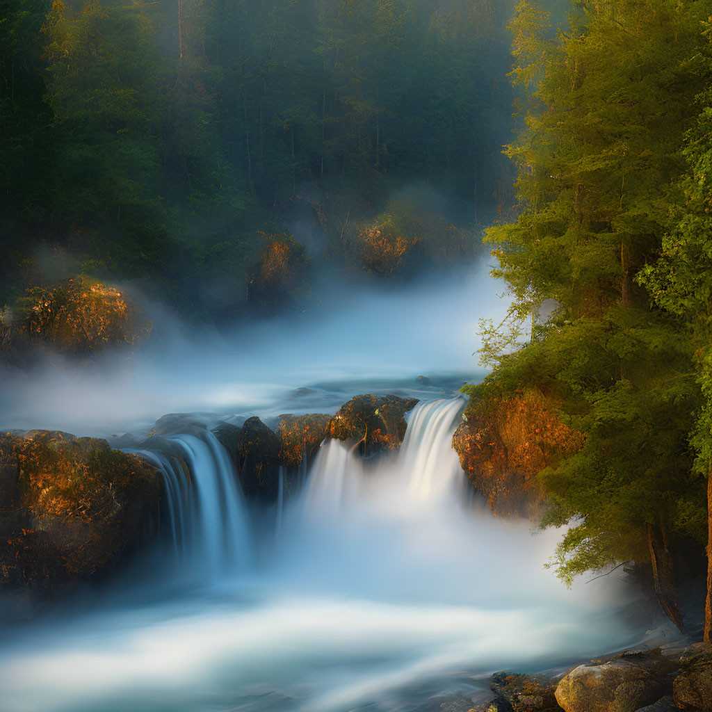 Tranquil forest waterfall with sunlight filtering through mist