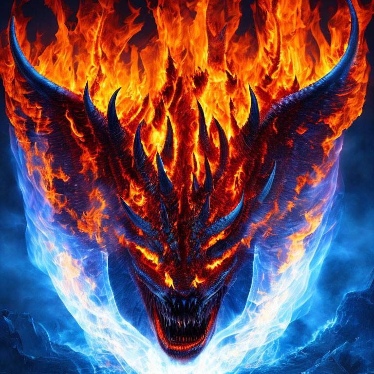 Fiery dragon emerging from blazing inferno against cool blue background