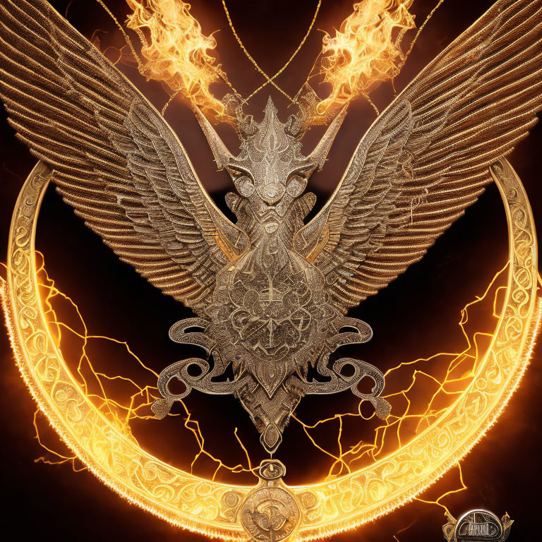 Symmetrical Golden Phoenix Emblem with Fiery Circular Patterns