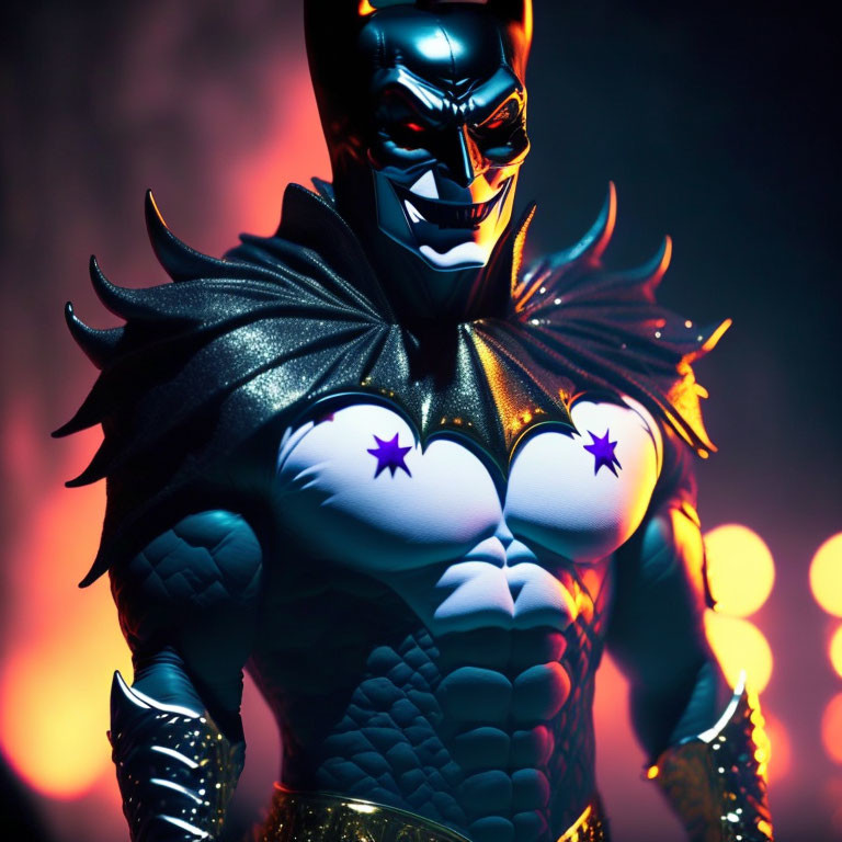 Stylized Batman costume with intense gaze and dark cape