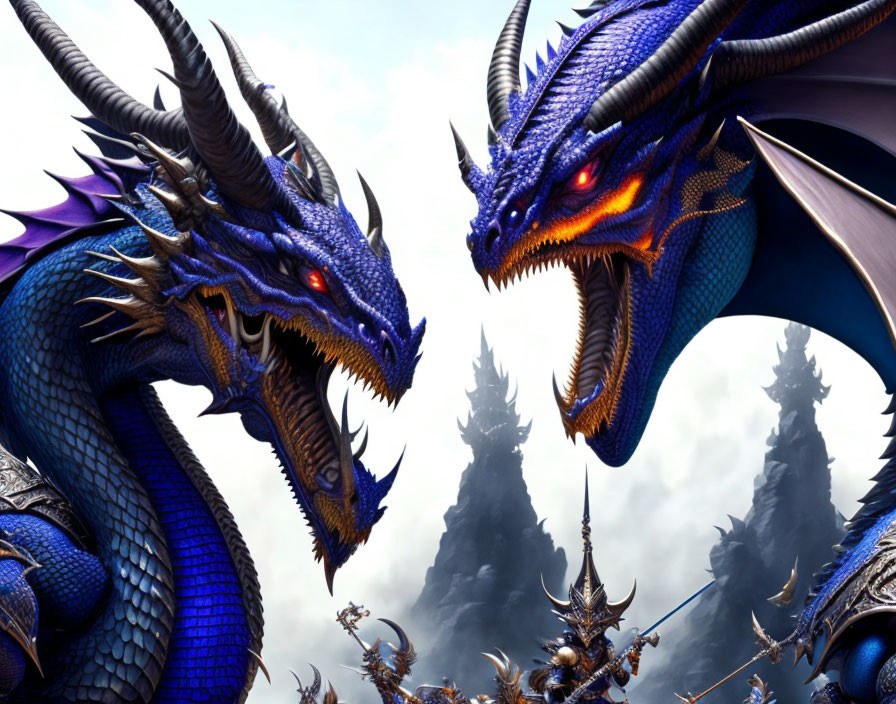 Majestic blue dragons with horns and orange eyes in misty spire background