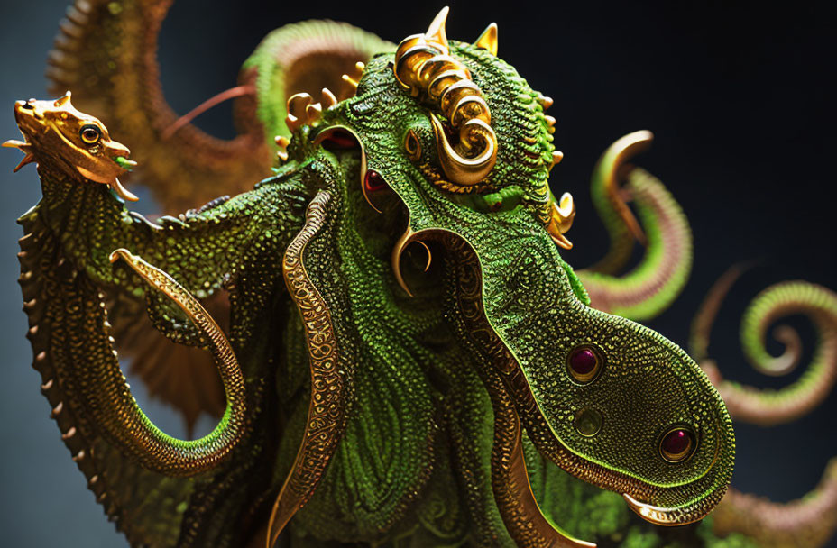 Detailed Green and Gold Dragon Sculpture with Red Gemstone Accents