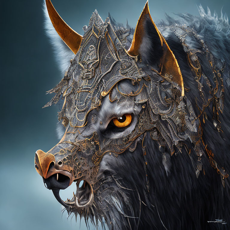 Detailed digital artwork: Wolf's head in golden armored helmet
