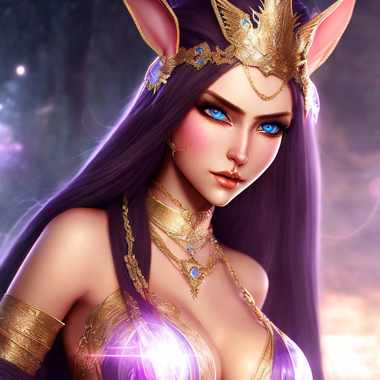 Fantasy illustration of female character with purple hair and fox ears
