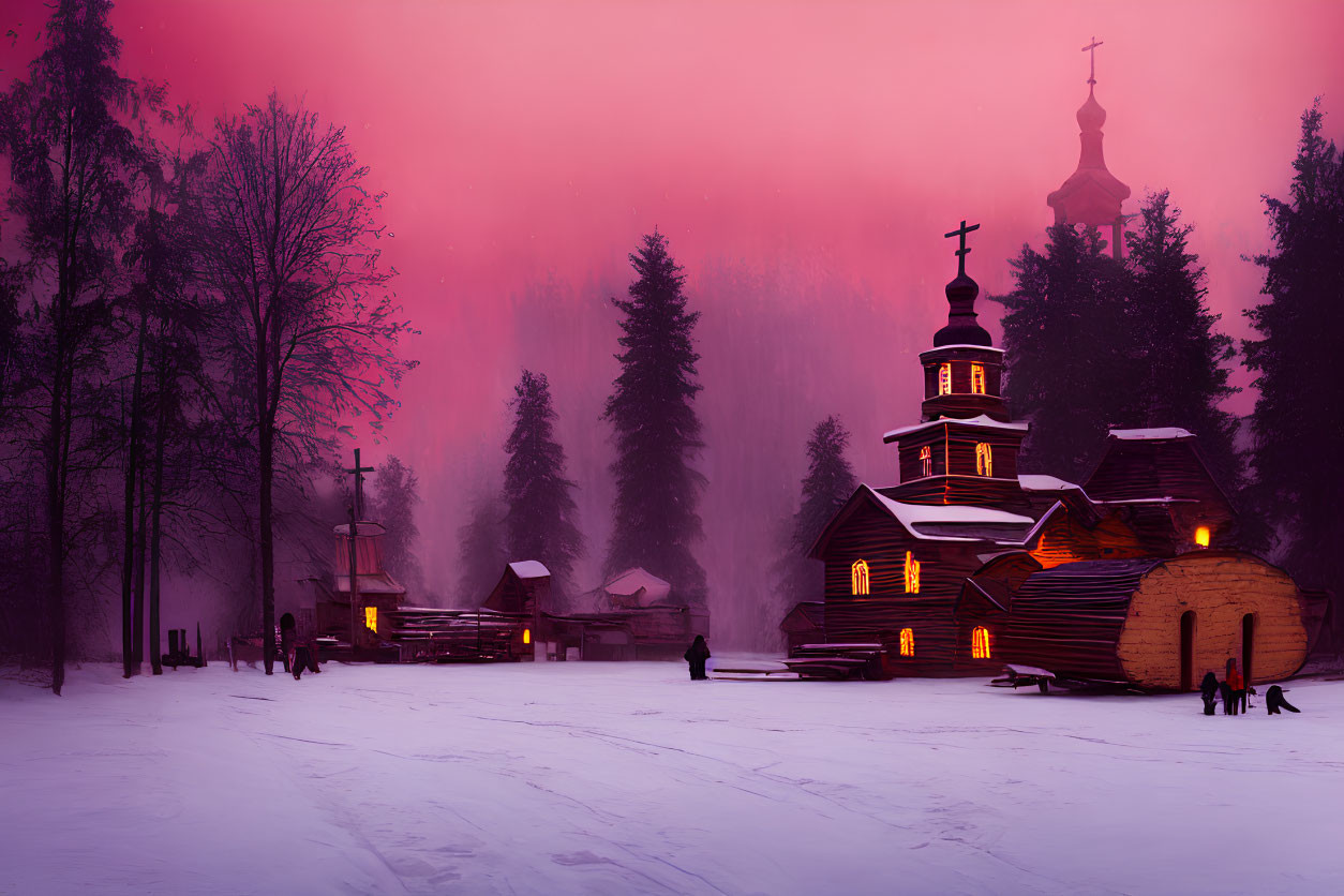 Snowy landscape with wooden church at pink twilight