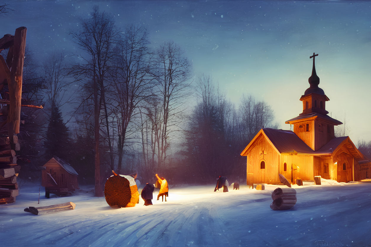 Snowy Evening Scene: Wooden Church, People by Fire, Tranquil Glow