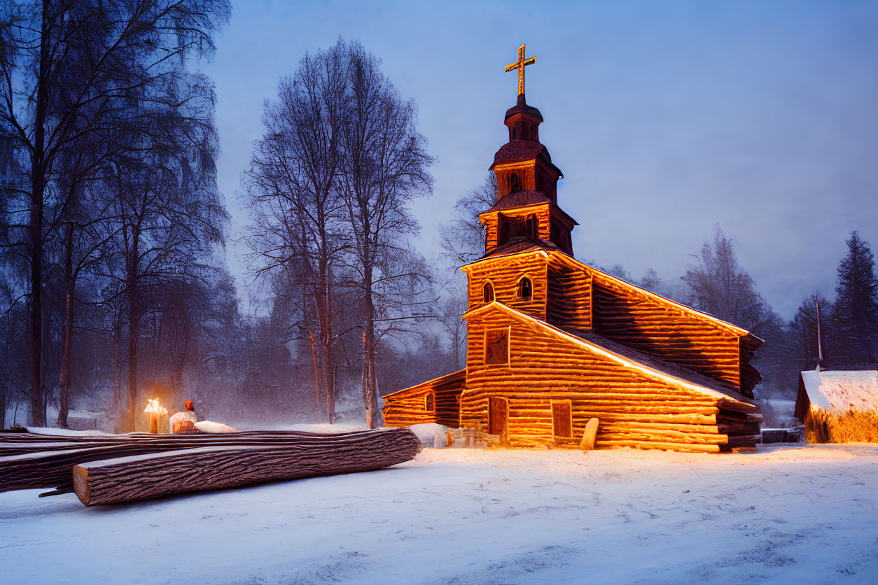 Wooden Church with Lit Cross in Snowy Twilight Landscape