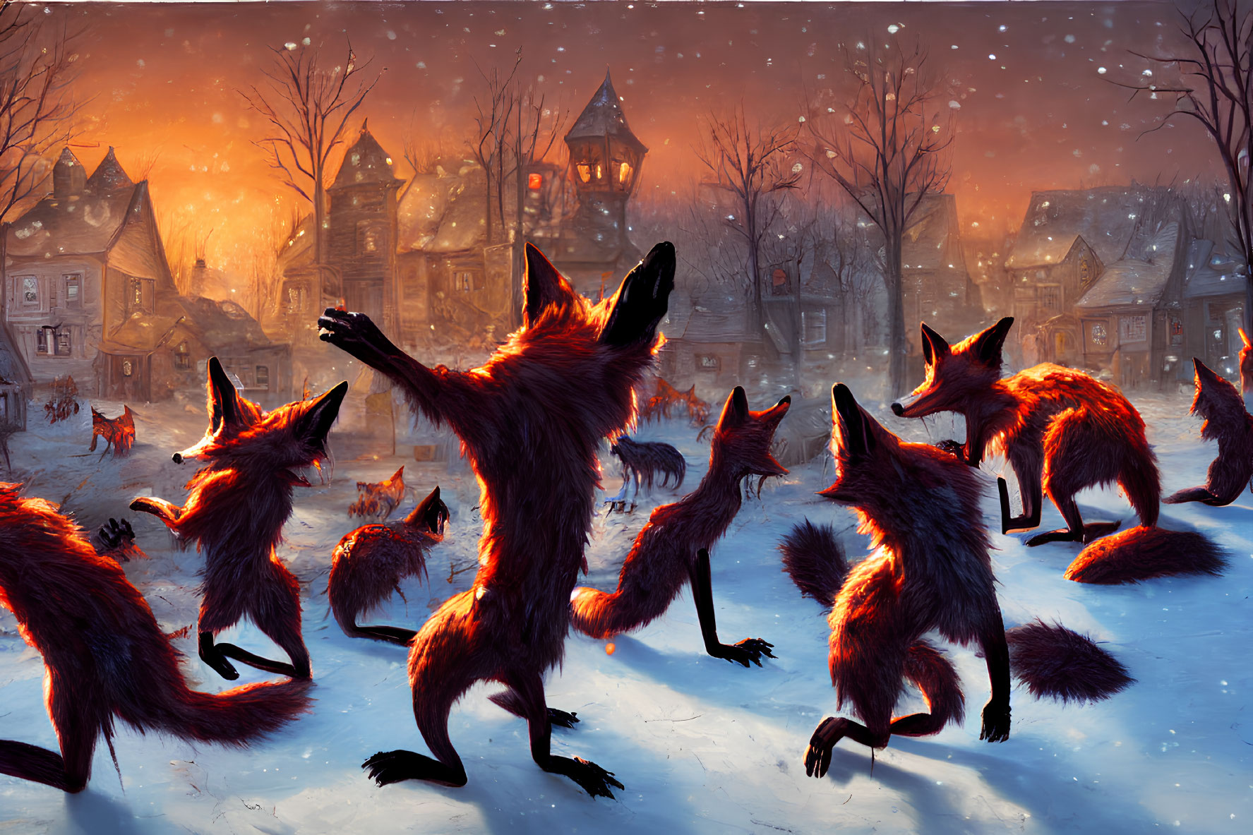Anthropomorphic foxes dancing in snow-covered village at dusk