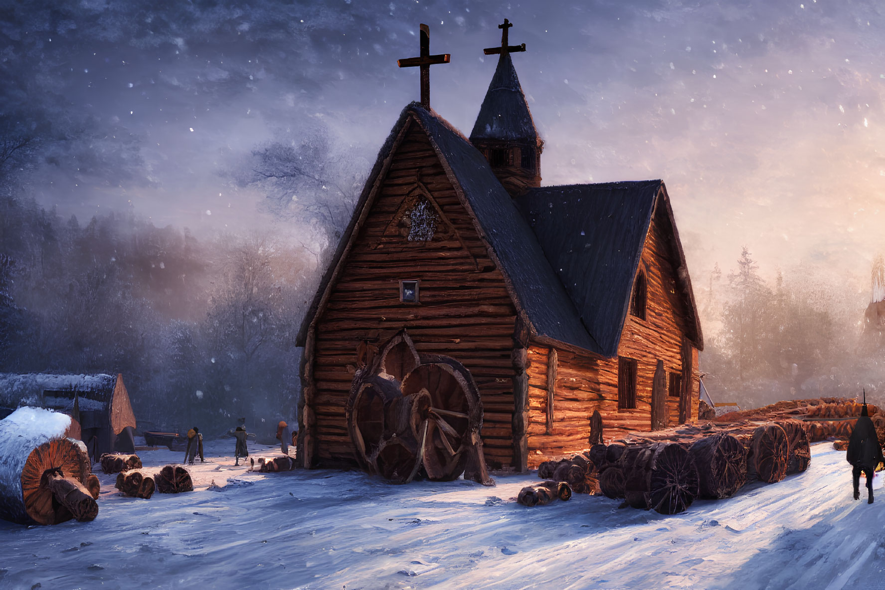 Winter church scene with large wheel, person, and logs at twilight