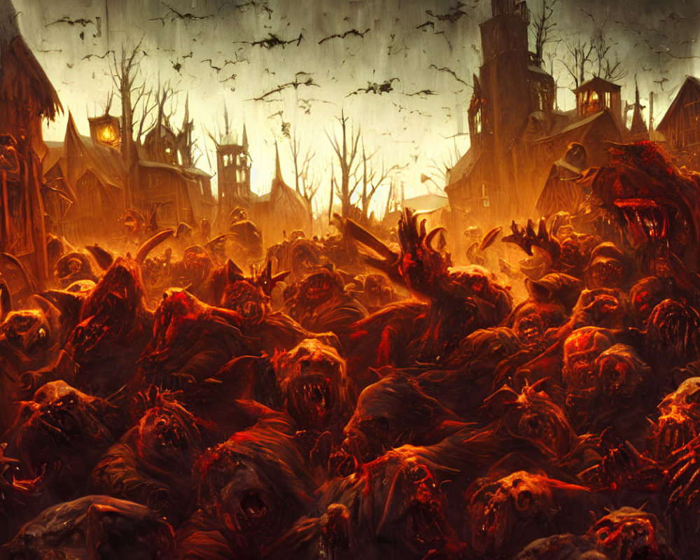 Gruesome zombies in fiery apocalyptic landscape with bats and dilapidated buildings