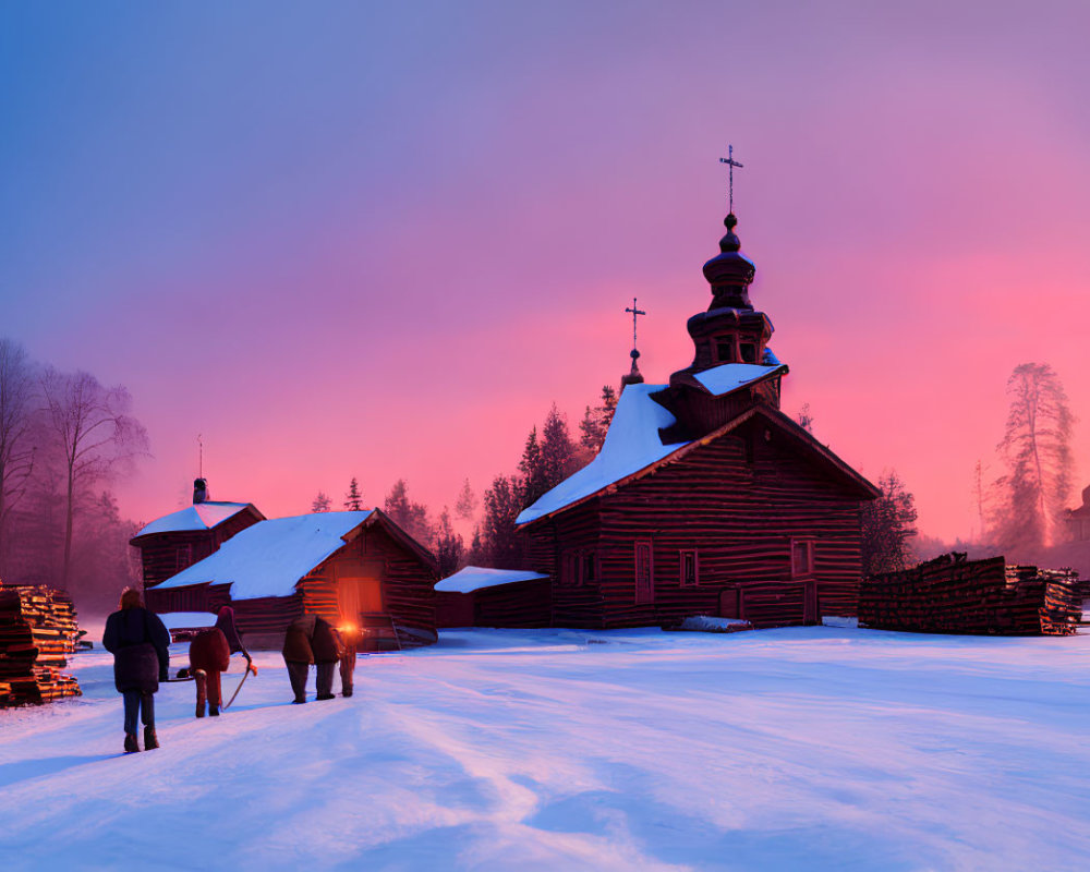 Colorful sunset over snowy landscape with wooden church and people walking