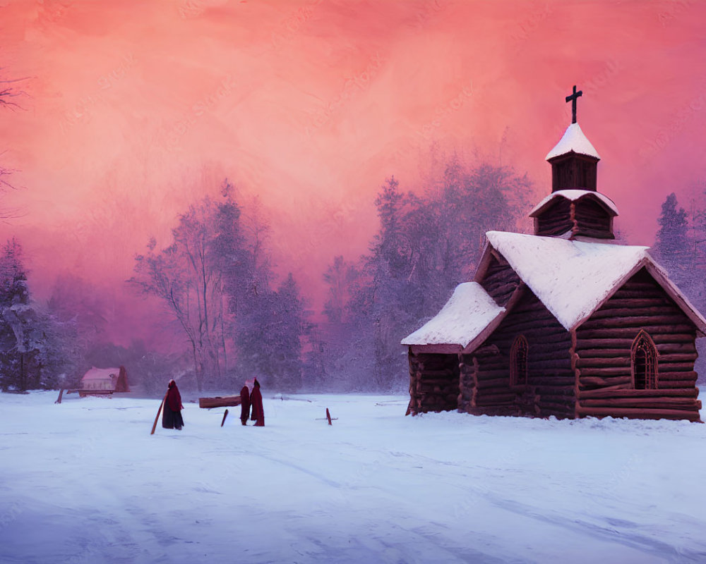 Wooden church in snowy landscape at dusk with pink sky and figures.
