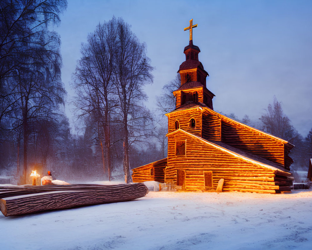 Wooden Church with Lit Cross in Snowy Twilight Landscape