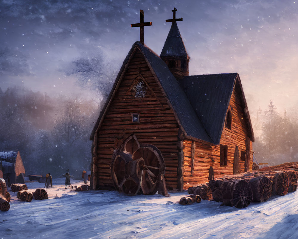 Winter church scene with large wheel, person, and logs at twilight