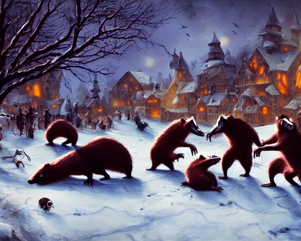 Illustration of oversized anteaters in snowy village setting