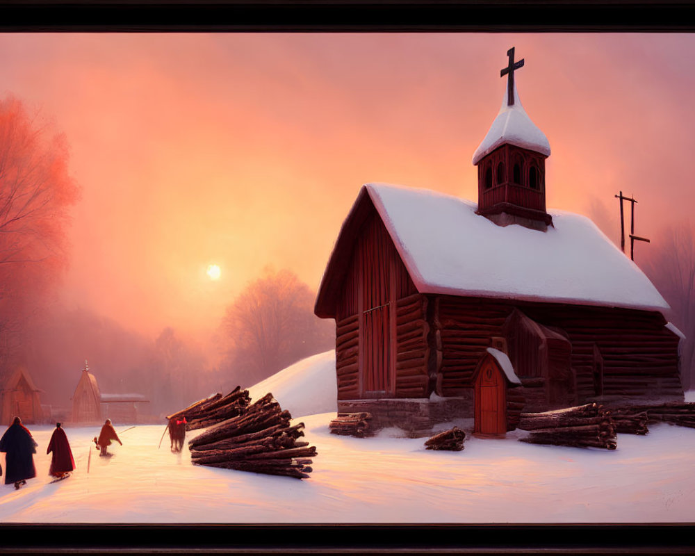 Wooden Church at Sunset with Warm Light on Snow and Silhouettes of People and Dogs