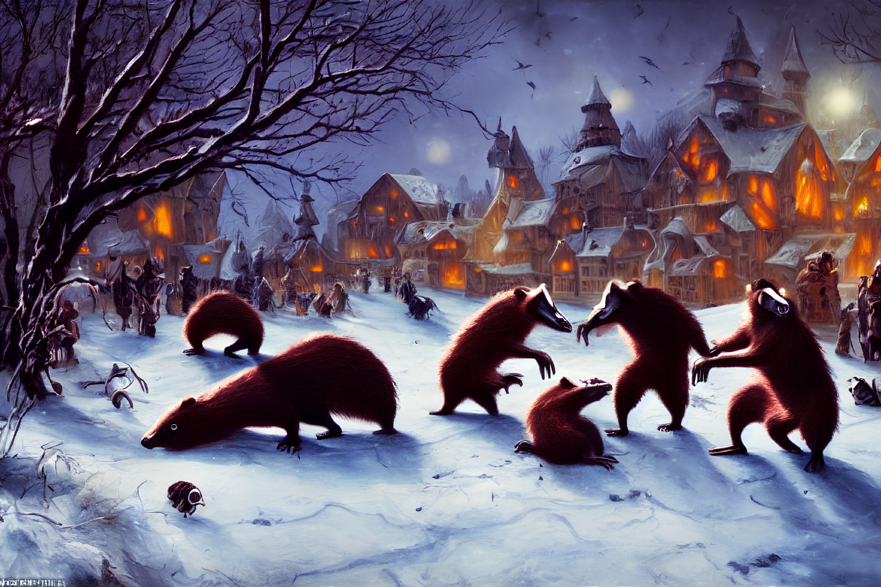 Illustration of oversized anteaters in snowy village setting