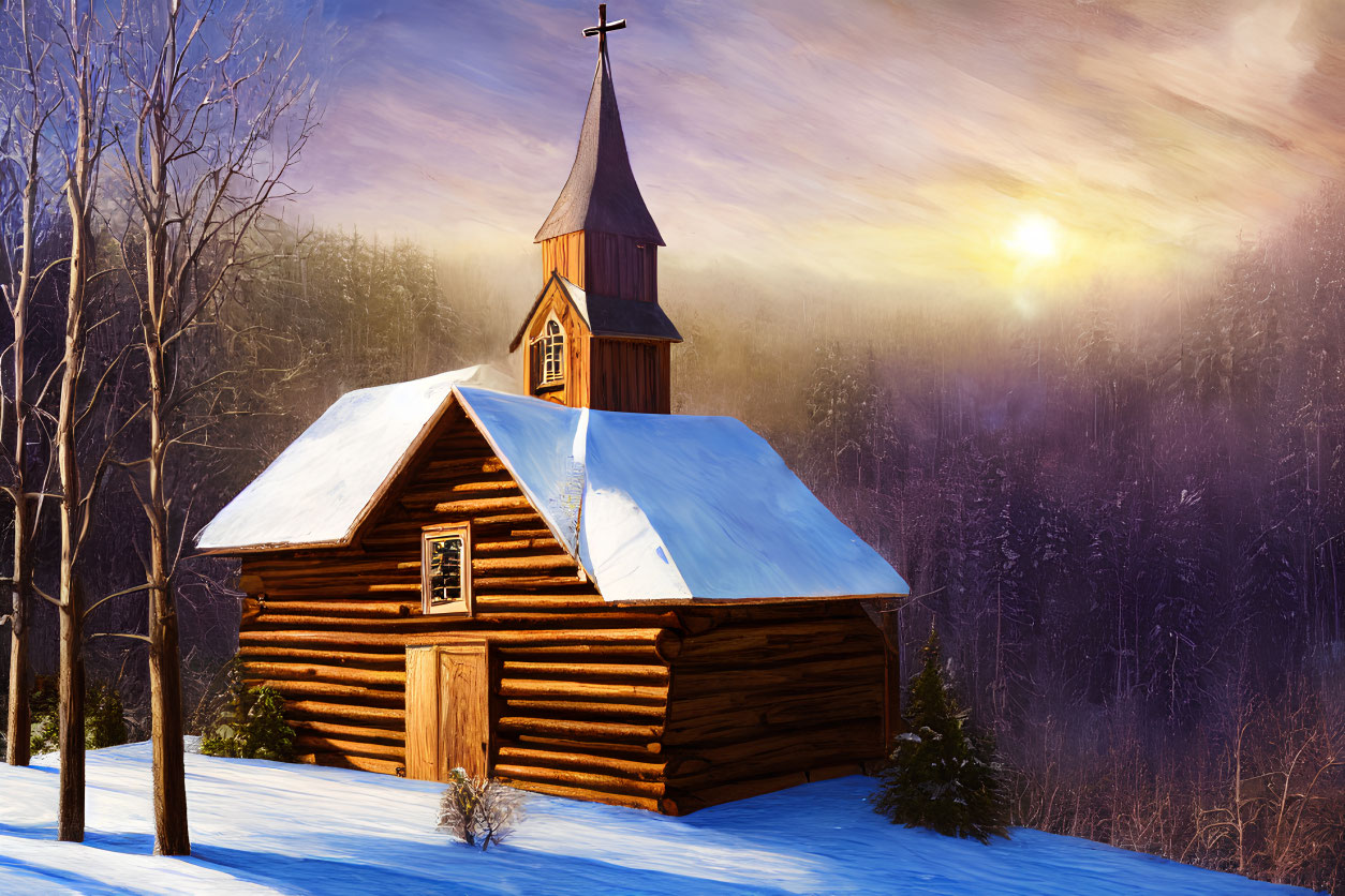 Snow-capped wooden chapel in serene winter landscape at sunrise or sunset