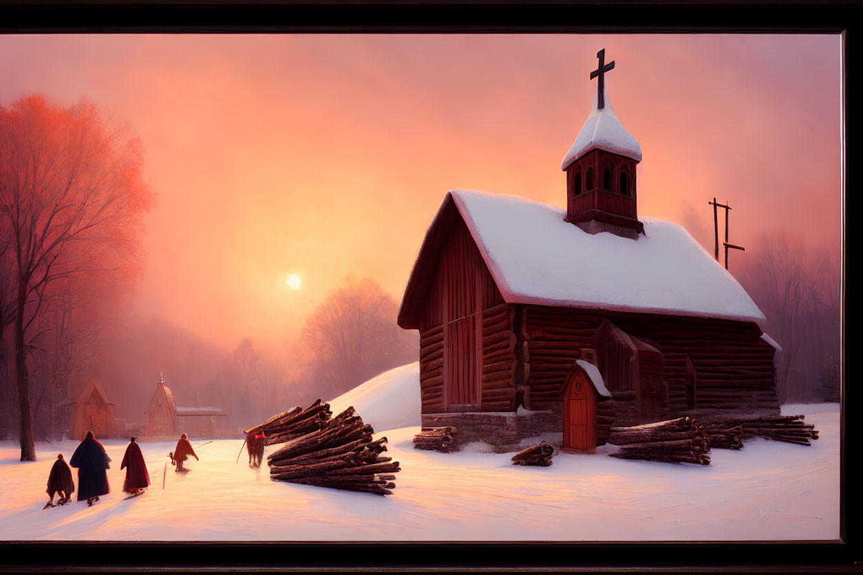 Wooden Church at Sunset with Warm Light on Snow and Silhouettes of People and Dogs