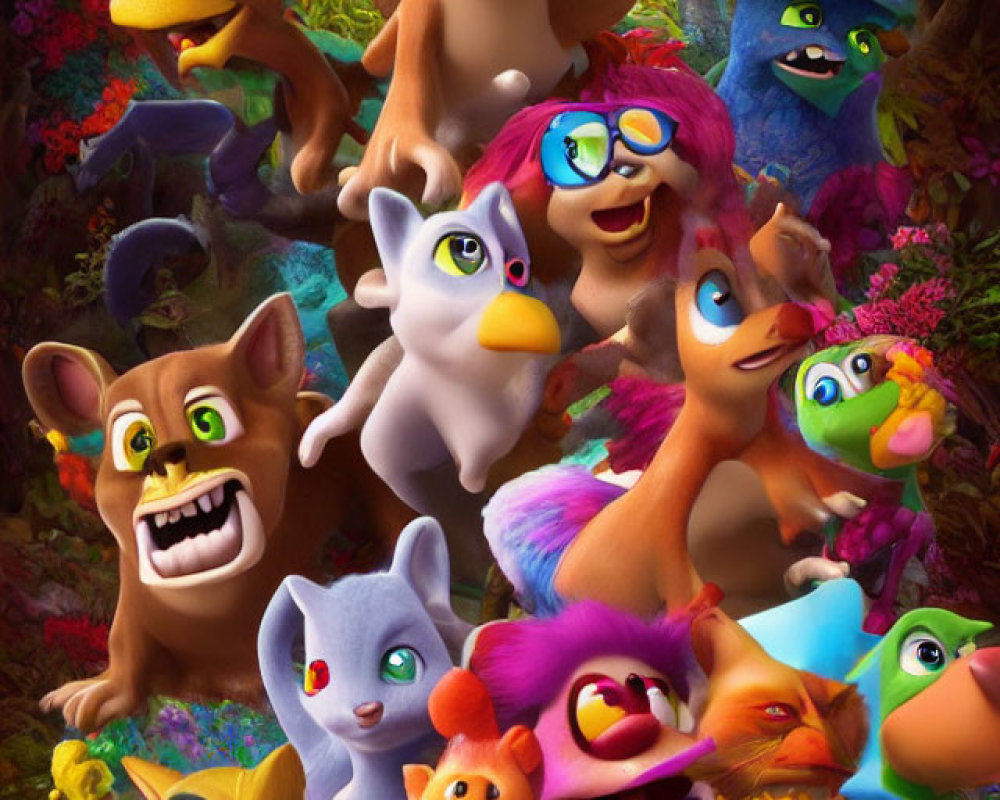 Vibrant animated creatures in colorful jungle setting