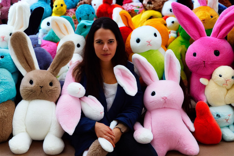Woman Surrounded by Colorful Plush Bunny Rabbits in Blue, Pink, Green, and Brown