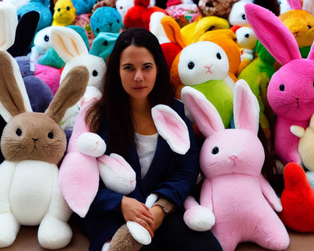 Woman Surrounded by Colorful Plush Bunny Rabbits in Blue, Pink, Green, and Brown