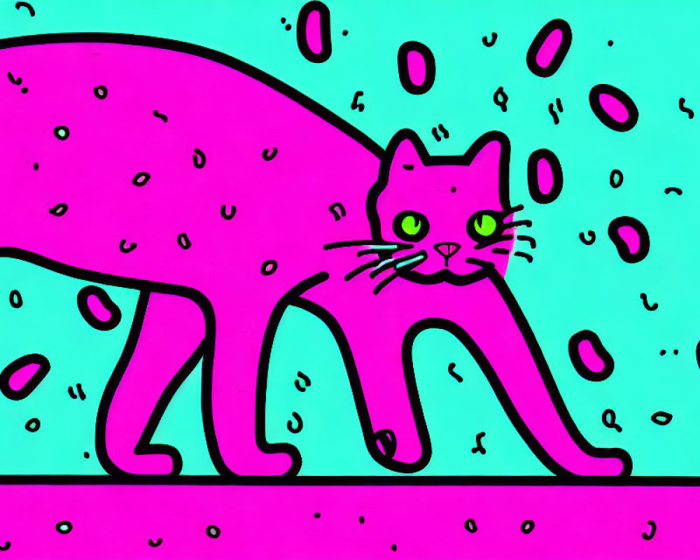 Stylized pink cat with green eyes on teal background with abstract shapes