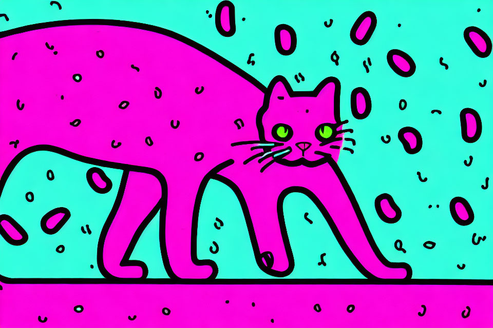Stylized pink cat with green eyes on teal background with abstract shapes