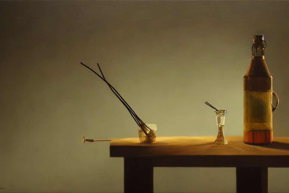 Still Life Painting: Overturned Incense Holder, Glass, Amber Bottle on Wooden Table