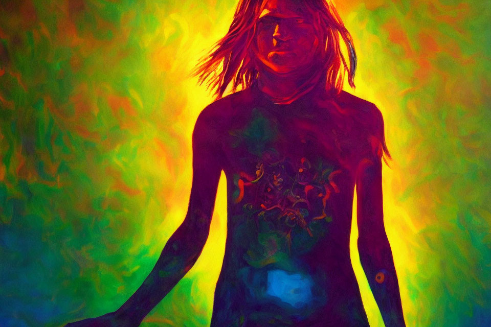 Colorful Abstract Painting of Person with Flowing Hair in Fiery Background