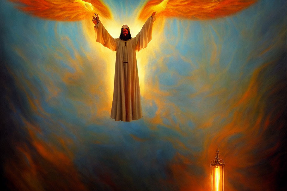 Bearded figure in robe with fiery wings floating in vibrant sky