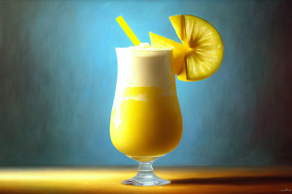 Yellow Cocktail or Juice with Lemon Slice and Straw on Blue Background