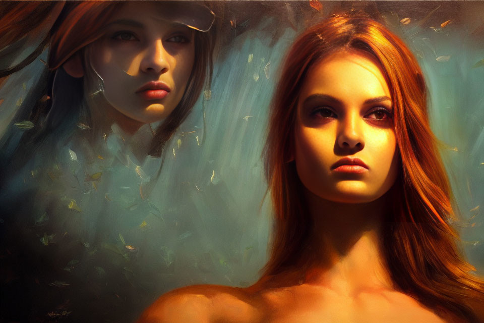 Abstract digital artwork featuring two women with fiery and contemplative expressions in warm-toned backdrop