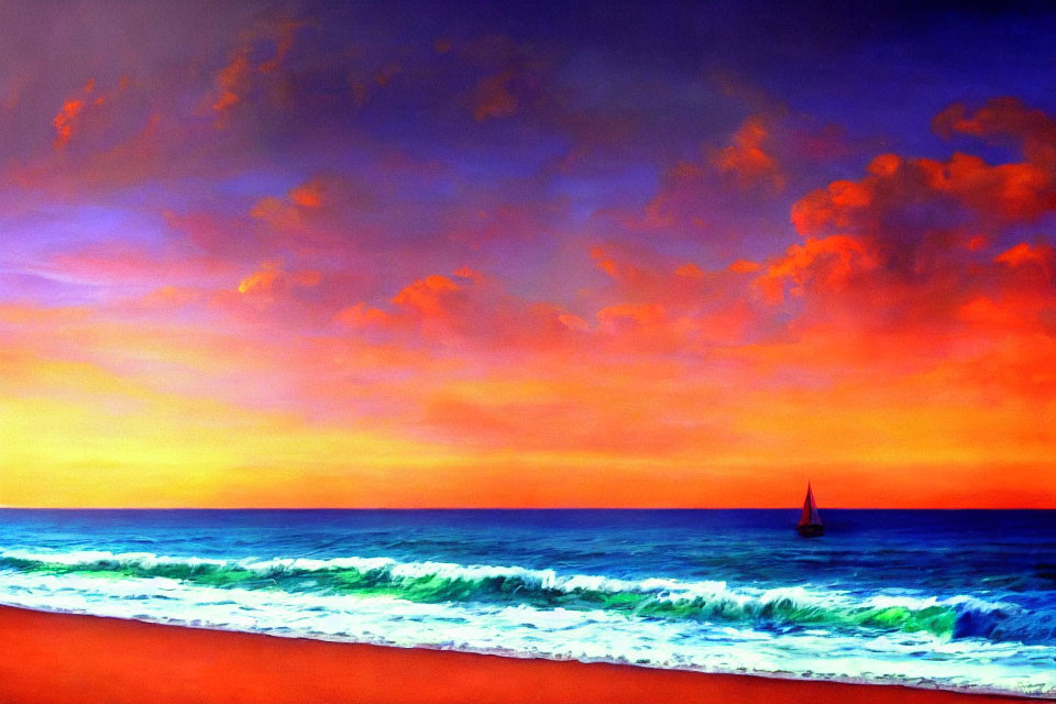 Sunset ocean painting with sailboat and dramatic clouds