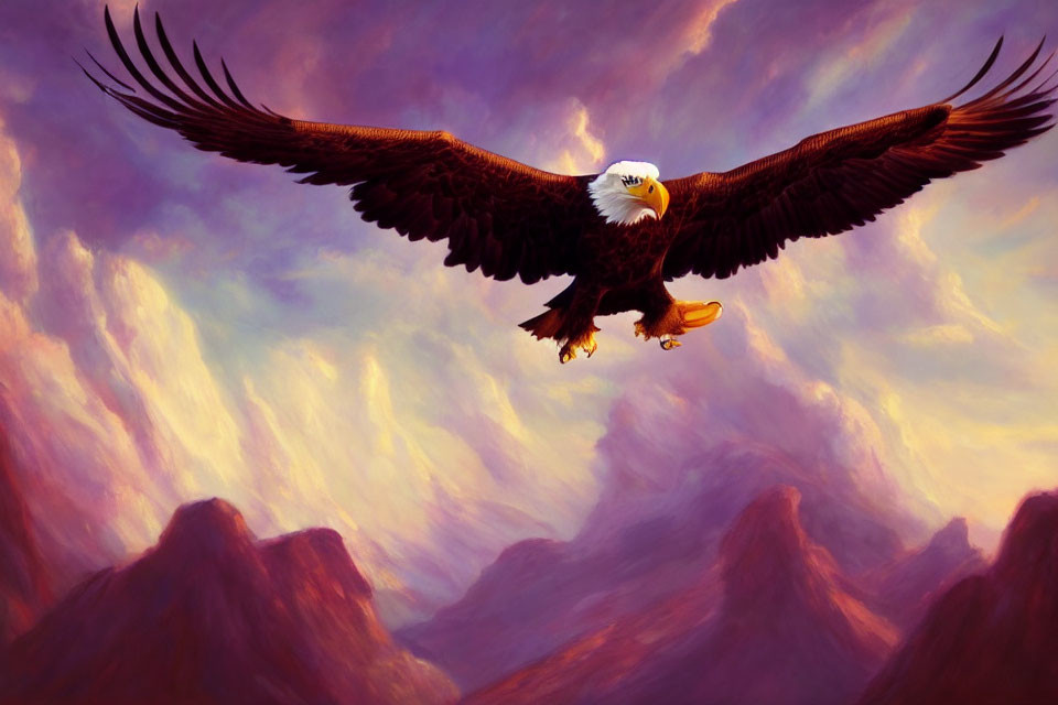 Majestic bald eagle soaring in purple and pink sky