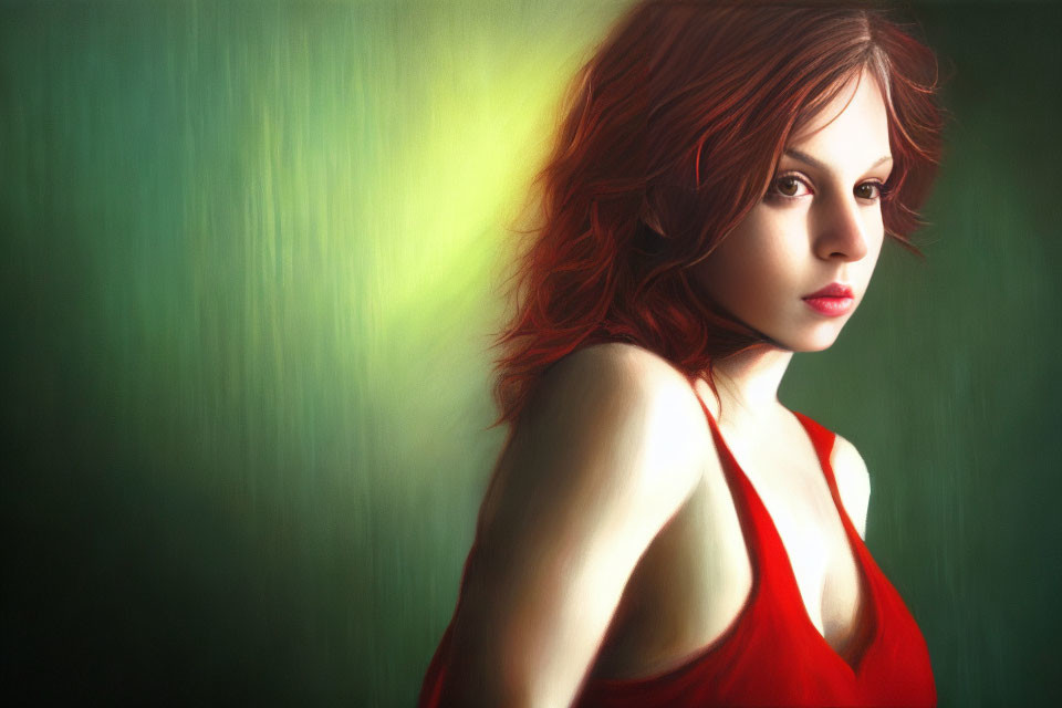 Digital painting of woman with red hair in red dress against greenish backdrop