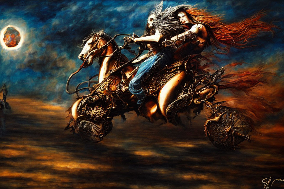 Fantastical artwork of warrior woman on mechanical steed at night