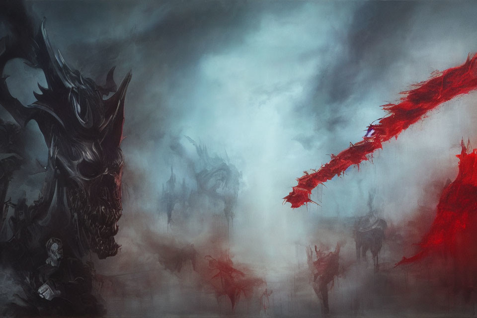 Menacing black dragon in red and grey misty fantasy landscape