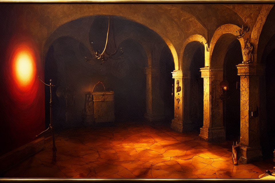Dimly-lit Room with Arched Doorways and Chandelier