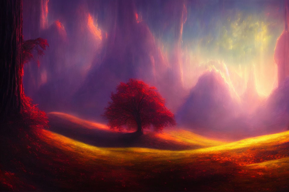 Colorful digital landscape: red tree, sunlit hill, purple mountains.