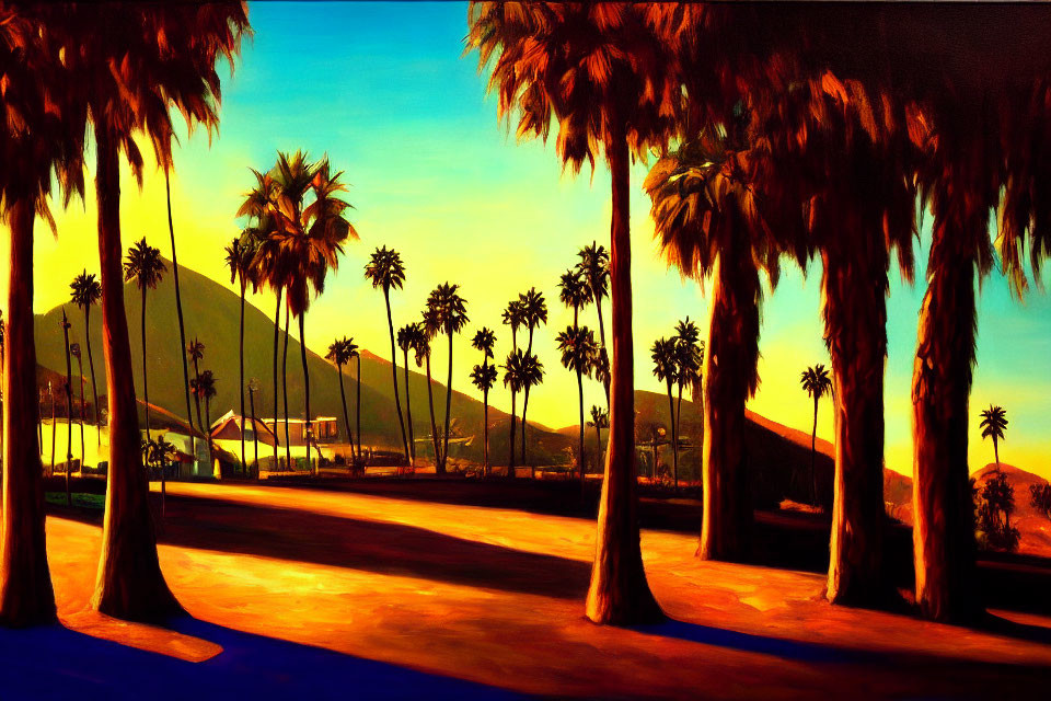 Colorful sunset painting with palm tree silhouettes, road shadows, and orange sky.