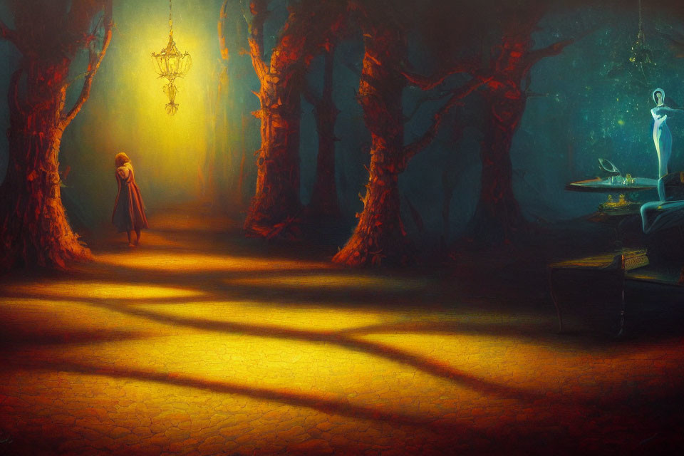 Mystical forest scene with eerie trees, woman, shadowy figure, chandelier, and table