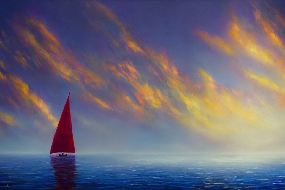 Red Sail Sailboat Sailing on Calm Sea with Dramatic Sky