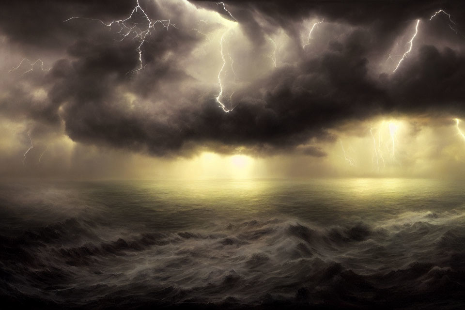 Dark Clouds, Lightning Strikes, and Tumultuous Waves in Ocean Storm