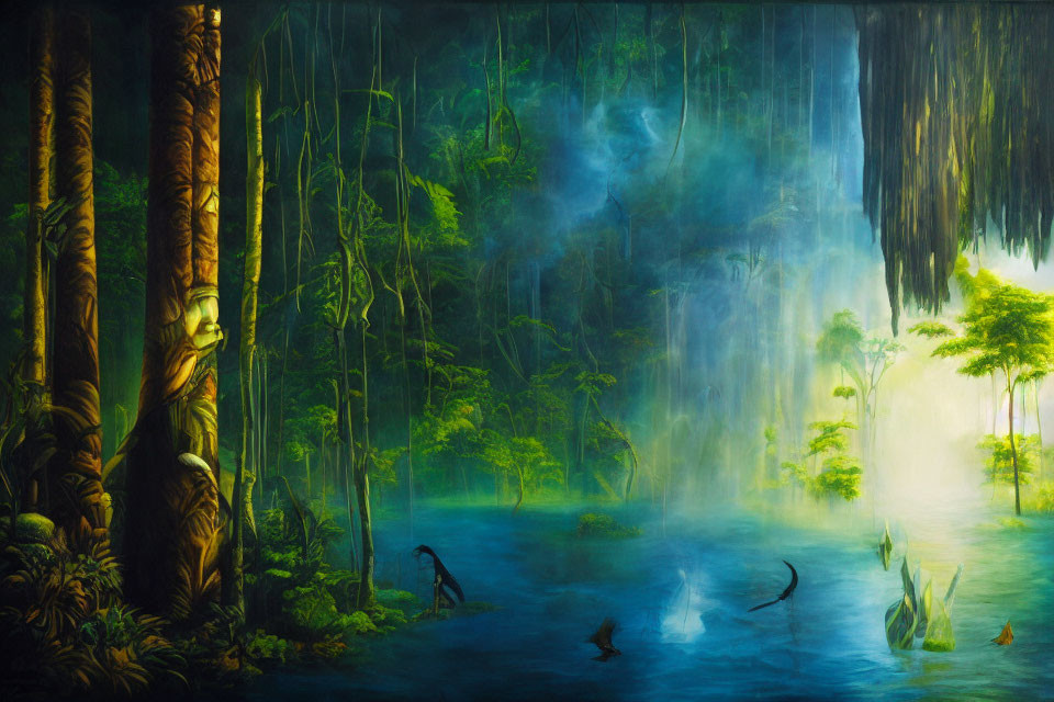 Lush Green Rainforest with Mist and Sunlight