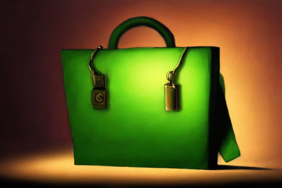 Green Briefcase with Golden Locks and Tag on Beige Background in Soft-focus Impressionistic Style